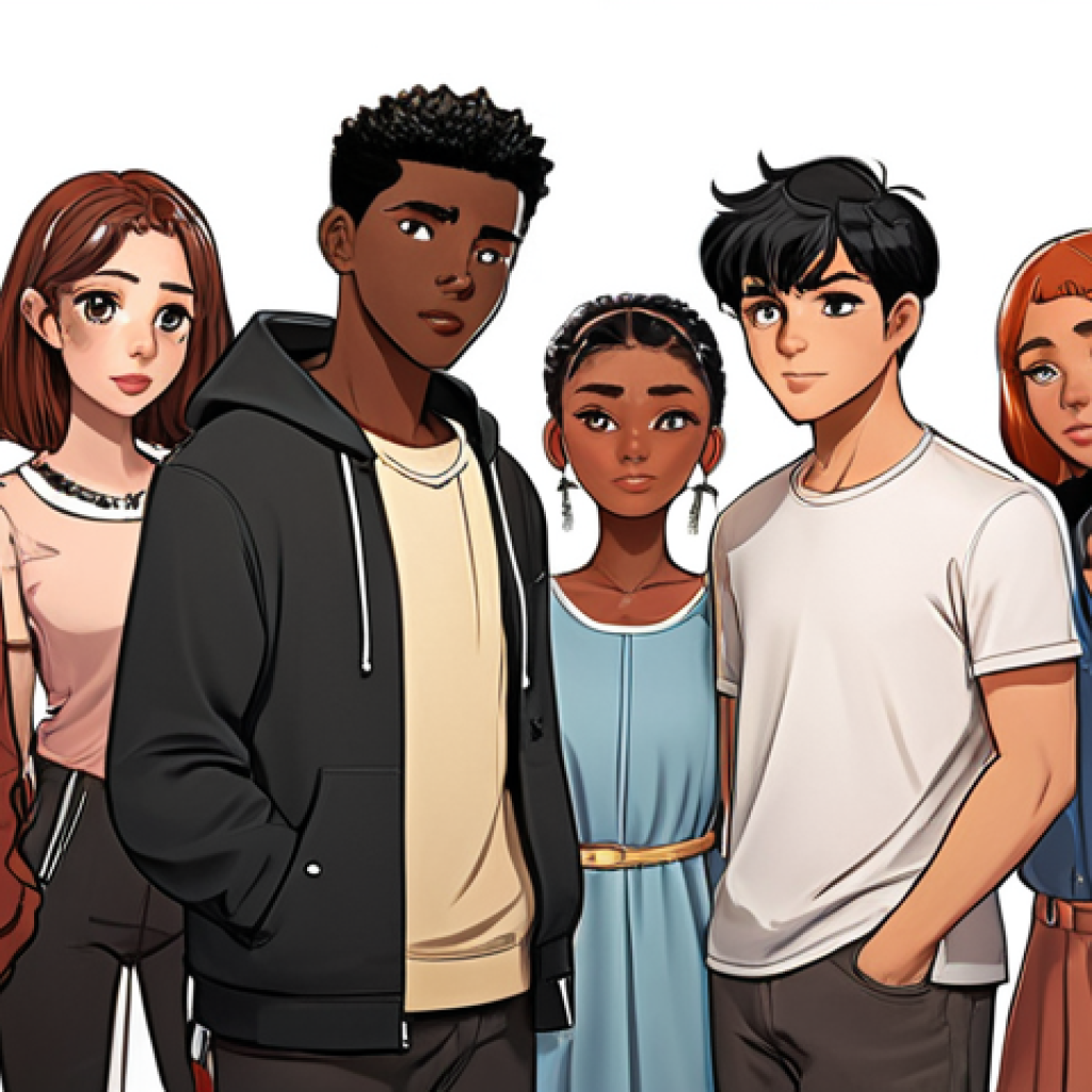 **A diverse group of webtoon characters, each with unique expressions and detailed clothing, standing together, symbolizing unity and representation of marginalized communities.**