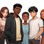 **A diverse group of webtoon characters, each with unique expressions and detailed clothing, standing together, symbolizing unity and representation of marginalized communities.**