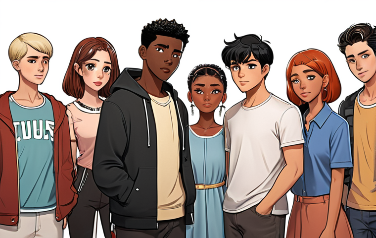**A diverse group of webtoon characters, each with unique expressions and detailed clothing, standing together, symbolizing unity and representation of marginalized communities.**