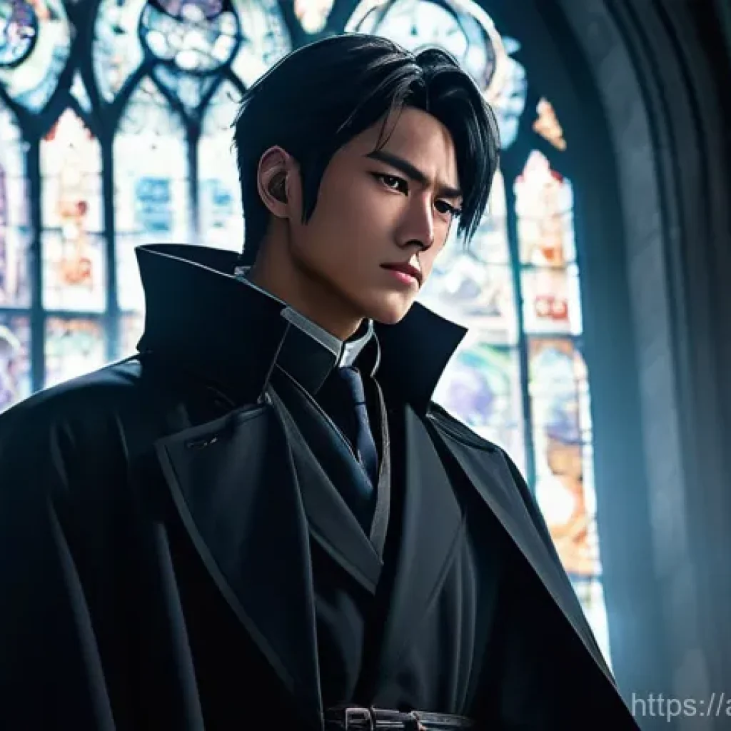 애니메이션 악당 캐릭터 - **Prompt:** A somber male anime villain, appearing in his late 20s to early 30s, stands amidst the e...