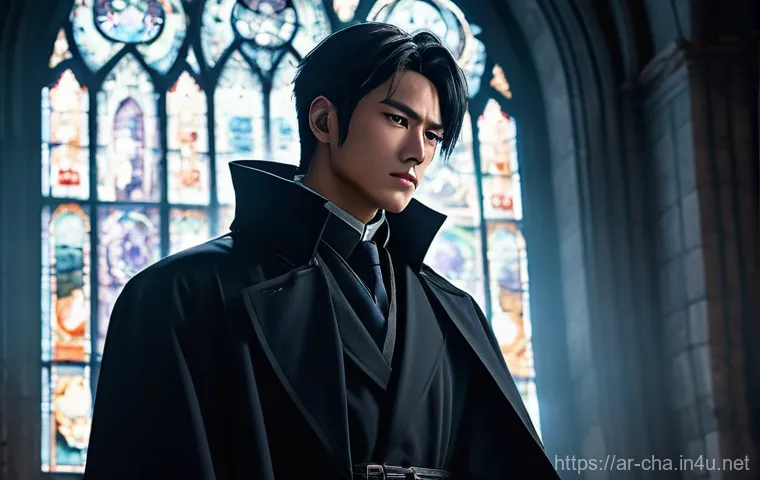 애니메이션 악당 캐릭터 - **Prompt:** A somber male anime villain, appearing in his late 20s to early 30s, stands amidst the e...