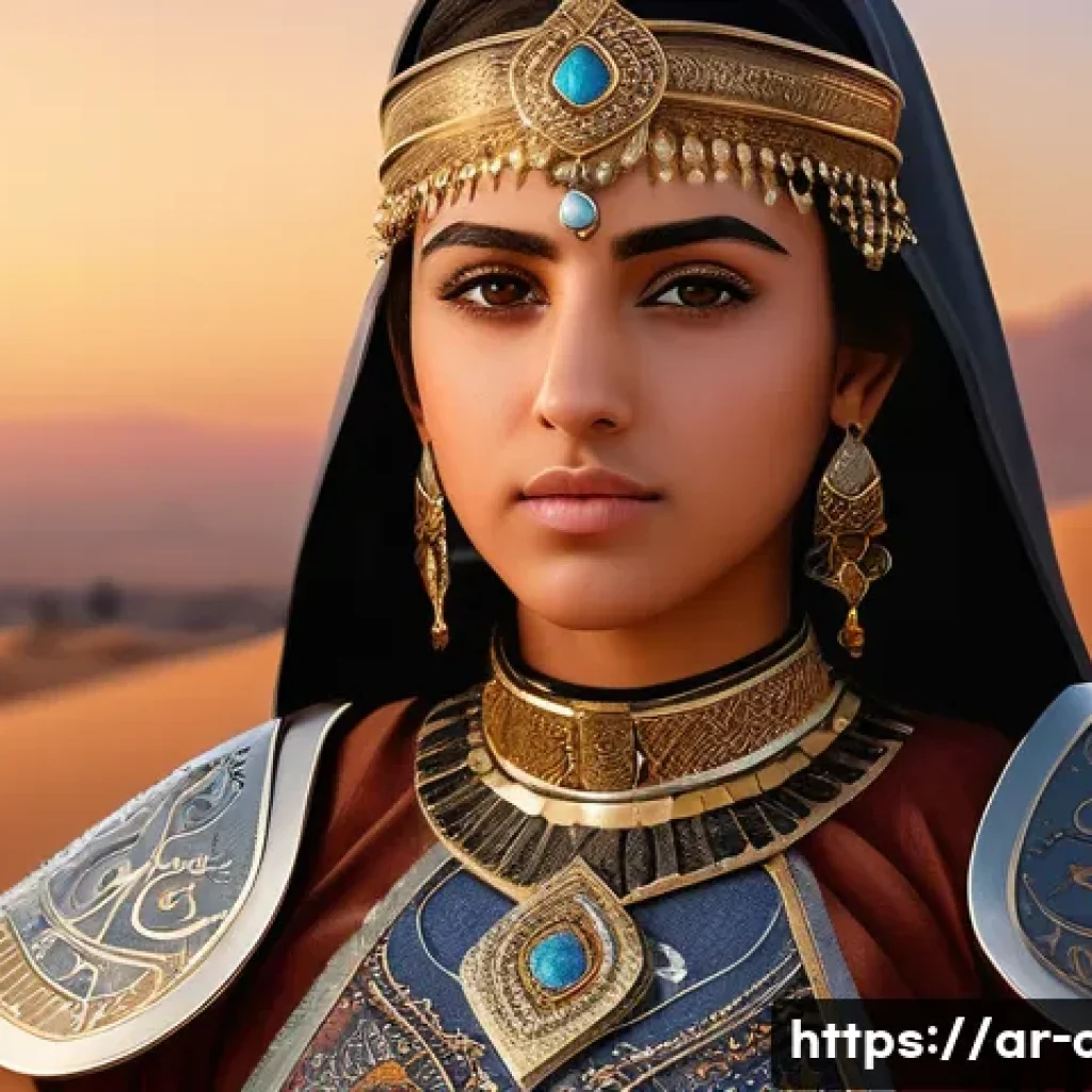 애니메이션 장면 속 캐릭터 - A detailed anime-style character portrait of a Middle Eastern young warrior woman wearing intricatel...