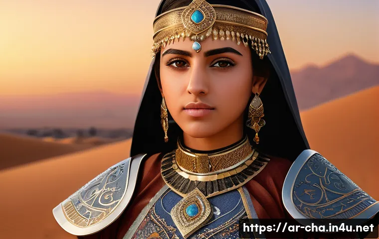 애니메이션 장면 속 캐릭터 - A detailed anime-style character portrait of a Middle Eastern young warrior woman wearing intricatel...