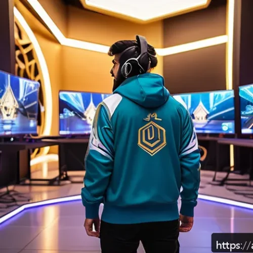 Home 17 게임 캐릭터 밸런스 조정 - A dynamic esports arena scene set in a Middle Eastern city at dusk, featuring diverse Arabic-speakin...