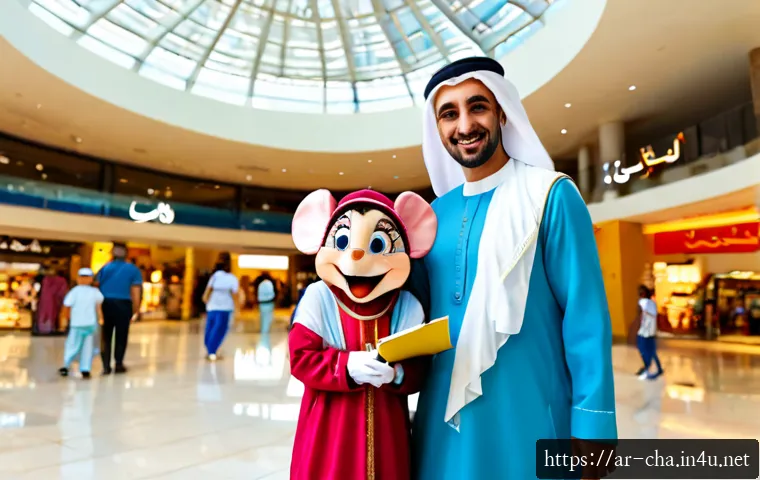Home 17 디즈니 캐릭터 인기 비결 - Photorealistic family entertainment scene in a modern Arab shopping mall, an original friendly story...
